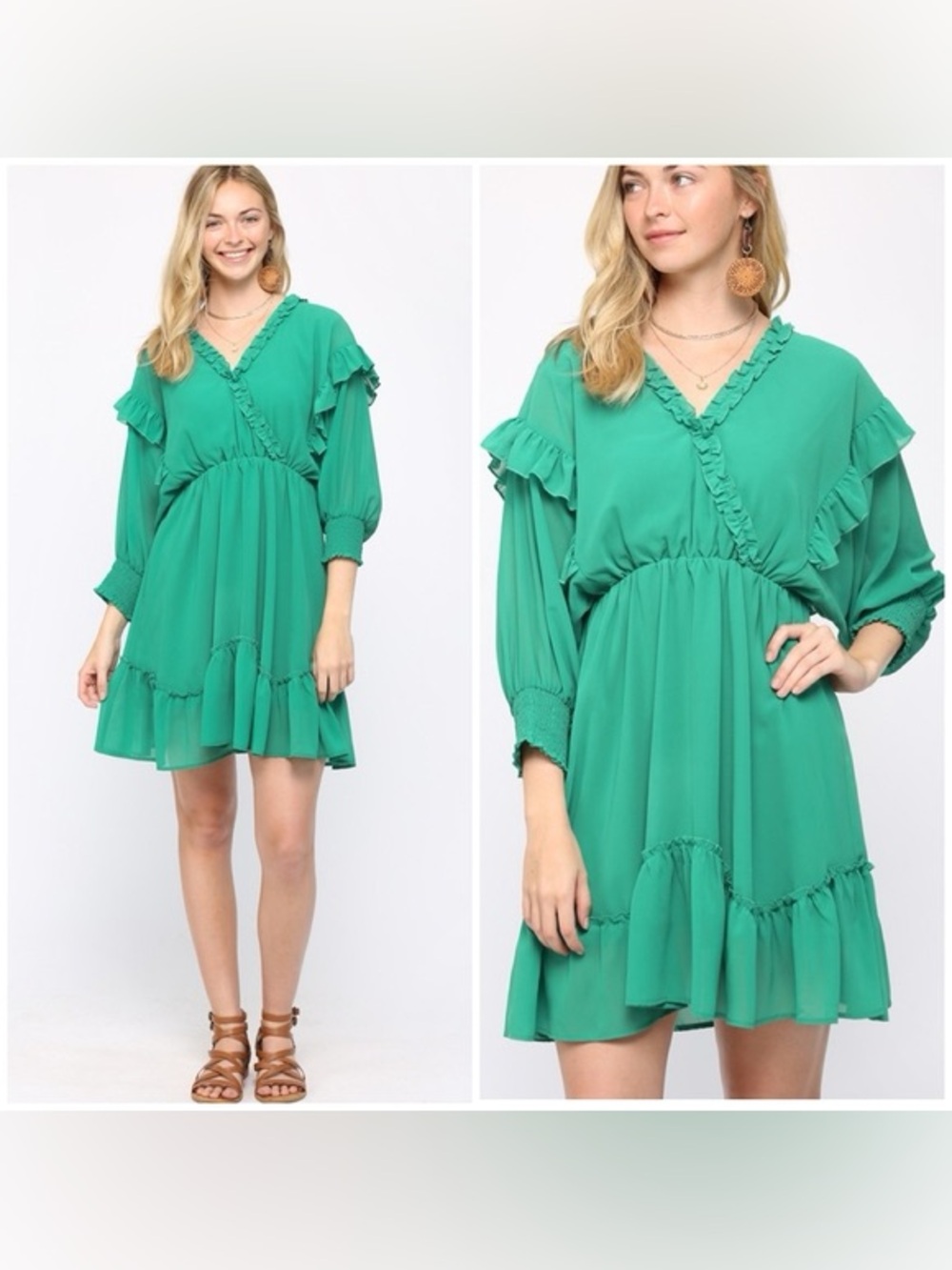 NWT Gigio USA Teal Green Ruffle V-Neck Tiered Mini Dress - Size M